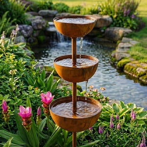 Può includere: Fontana d'acqua da esterno a tre livelli con vasche color ruggine. L'acqua scorre dalla vasca superiore a quelle inferiori. La fontana è circondata da una vegetazione lussureggiante, fiori rosa e un piccolo laghetto sullo sfondo.