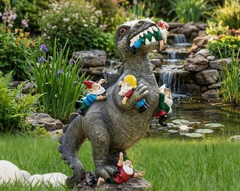 T-Rex Garden Statue with Gnomes – Funny Dinosaur Garden Decor, Mini Garden Sculpture, Outdoor Yard Art, Unique Gift Idea