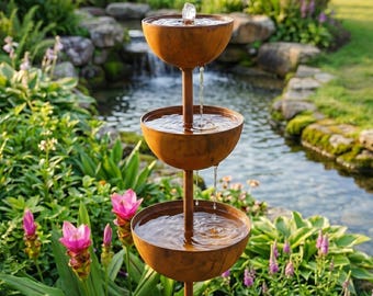Rain Catcher Garden Stake 70cm – Rustic Metal Bird Bath & Bee Water Bowl, Outdoor Garden Decor, Pollinator Feeder, Yard Art Sculpture