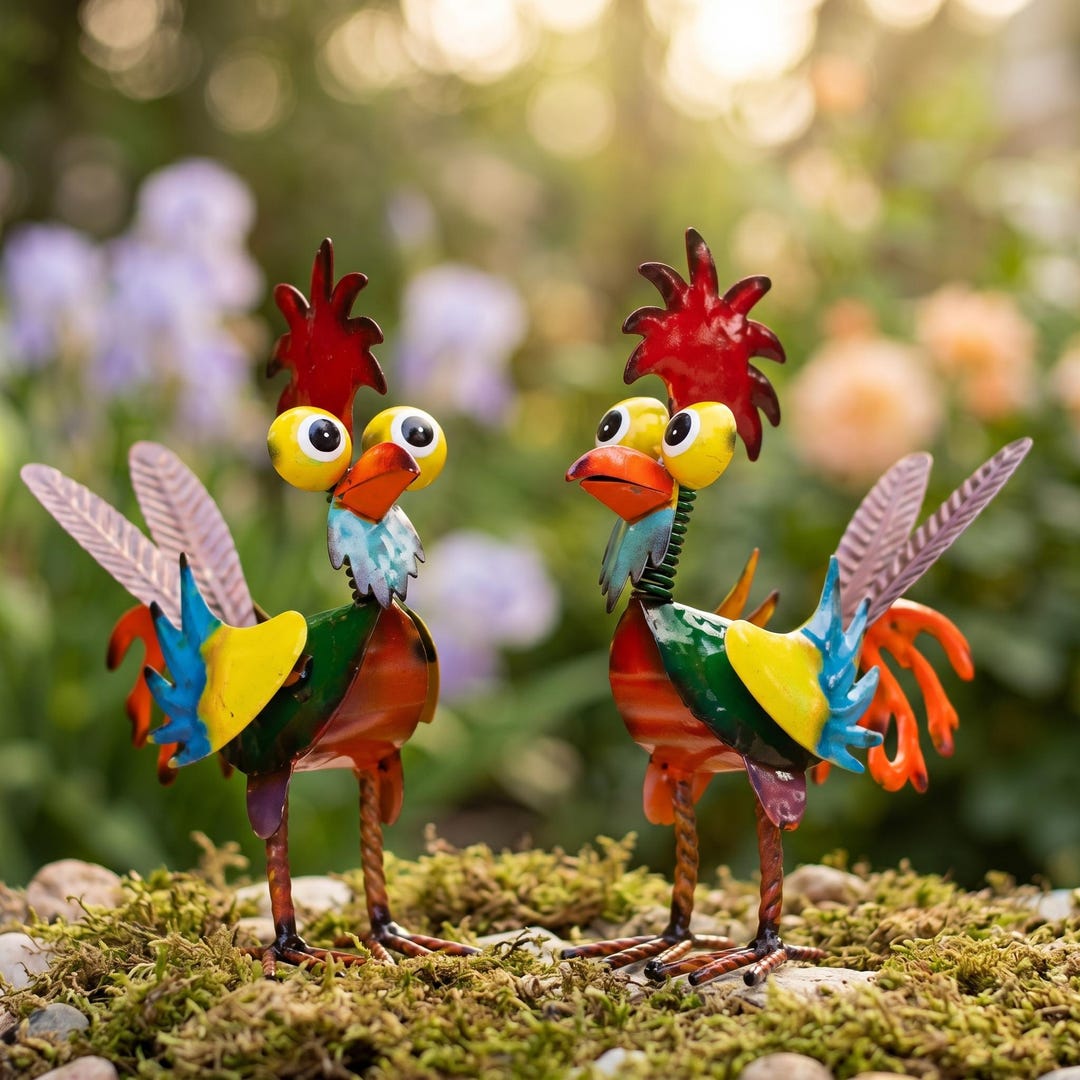 Colorful Metal Chicken Garden Decor – Whimsical Rooster Sculpture ...