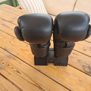 Puede incluir: Un par de guantes de boxeo negros montados sobre un soporte de pl&aacute;stico negro. Los guantes est&aacute;n colocados uno al lado del otro, con un acabado liso y mate y costuras visibles en la zona de la mu&ntilde;eca. El soporte tiene una base rectangular.