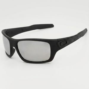 May include: Black sunglasses with silver mirrored lenses. The sunglasses have a matte black frame and a rectangular shape. The arms of the sunglasses are thick and curve slightly. The lenses are reflective.