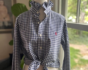 Reimagined Ralph Lauren Oxford Shirt – Hand-Ruffled Collar Blue & White Gingham (Men's L)