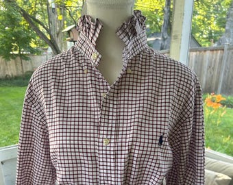Reimagined Ralph Lauren  Shirt – Hand-Ruffled Collar, Burgundy Red & White with Blue Pony (Men's L)