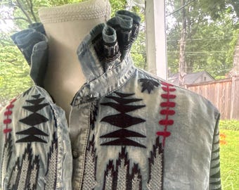 Reimagined Tasha Polizzi Denim Blouse: Ruffled Collar, Red White Blue Embroidery (Women's Small)