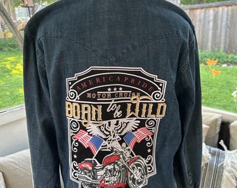 Reimagined Levi's Denim Western Shirt, Ruffle Collar, Biker Patch Cowgirl Top