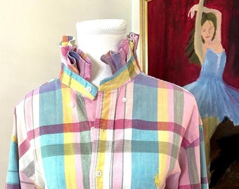 Reimagined Ralph Lauren Vintage  Shirt – Hand-Ruffled Collar Multi Color Pink Plaid  (Men's XL)