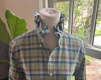 Reimagined Ralph Lauren Oxford Shirt – Hand-Ruffled Collar Green Plaid  (Men's M)