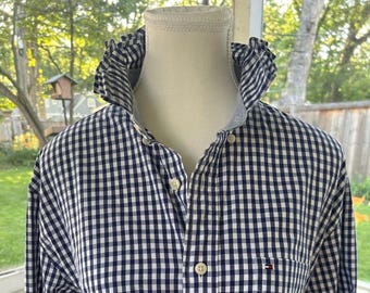 Reimagined Tommy Hilfiger White & Blue Gingham Shirt – Hand-Ruffled Collar Men's M