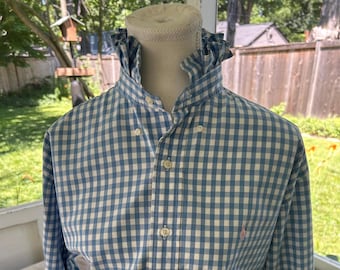 Reimagined Ralph Lauren  Shirt – Hand-Ruffled Collar Blue  & White Check/ Gingham Pink Pony (Men's M)