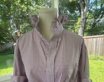 Reimagined Patroitic Shirt – Hand-Ruffled Collar Red, White & Blue Check (Men's L)