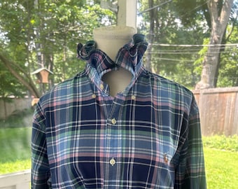 Reimagined Ralph Lauren  Shirt – Hand-Ruffled Collar Blue & Pink Plaid (Men's L)