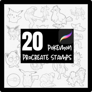 Può includere: Un prodotto di arte digitale con 20 timbri Pokémon per Procreate. L'immagine mostra varie illustrazioni a linea di personaggi Pokémon, tra cui Pikachu ed Eevee. Il testo centrale recita "20 Pokémon Procreate Stamps" su sfondo nero.