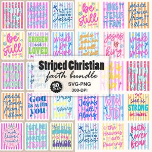 May include: A digital collection of 50 rectangular graphics featuring striped backgrounds in pastel colors. Each graphic displays Christian-themed text and icons like crosses, bows, and smiley faces. The central text reads Striped Christian faith bundle.