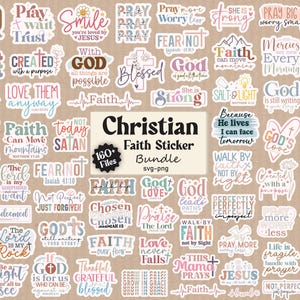 Pode incluir: Uma coleção de adesivos com tema de fé cristã apresentando várias frases religiosas e designs. Os adesivos incluem textos como God is good all the time, Faith can move mountains e Chosen, com tipografia colorida e ícones de cruz.