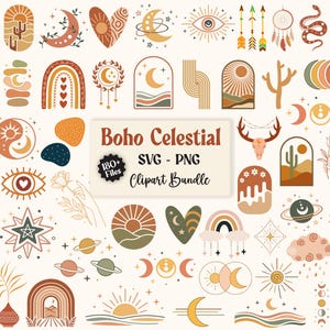 May include: A digital collection of celestial and nature-themed graphic illustrations featuring suns, moons, rainbows, cacti, eyes, hearts, and planets in earthy tones. A central rectangular label displays the text Boho Celestial SVG - PNG Clipart Bundle.
