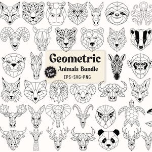 Puede incluir: Una colección de ilustraciones geométricas de animales en blanco y negro que presenta varias especies como tigres, búhos y elefantes. Una etiqueta rectangular central muestra el texto Geometric Animals Bundle 100+ Files EPS-SVG-PNG.