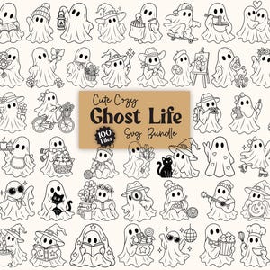 Könnte beinhalten: Eine digitale Sammlung von schwarz-weißen Strichzeichnungen, die verschiedene Geister bei alltäglichen Aktivitäten zeigen. Die zentrale rechteckige Grafik zeigt den Text Cute Cozy Ghost Life 100 Files Svg Bundle. Jeder Geist ist mit verschiedenen Accessoires wie Hüten, Büchern, Lebensmitteln oder Haustieren dargestellt.