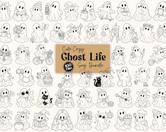 Puede incluir: Una colección digital de ilustraciones de arte lineal en blanco y negro que muestra varios fantasmas realizando actividades diarias. El gráfico rectangular central muestra el texto Cute Cozy Ghost Life 100 Files Svg Bundle. Cada personaje fantasma se representa con accesorios distintos como sombreros, libros, comida o mascotas.