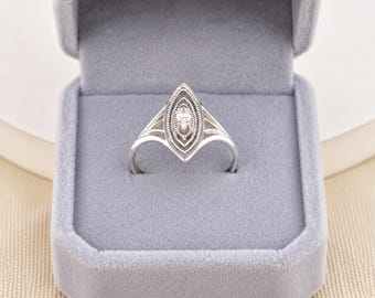 Handmade 925 Sterling Silver Ring, Marquise Art Deco Ring for Women, Open Band Silver Statement Jewelry, Gift for Her