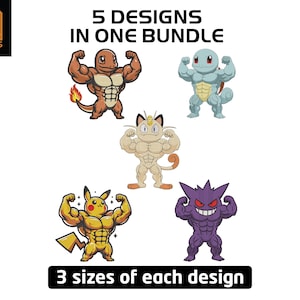 May include: A digital bundle featuring five muscular cartoon characters: a brown fire-type, a blue water-type, a tan feline, a yellow electric-type, and a purple ghost-type. Text reads 5 DESIGNS IN ONE BUNDLE and 3 sizes of each design.