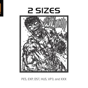 May include: Black and white illustration of a muscular figure with a sword, screaming. The image is framed in a black square, with the text "2 SIZES" above. The logo "YA DESIGNS" is in the upper left corner. The text "BIRTH END" is at the bottom.