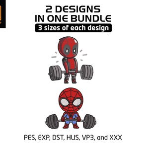May include: A digital embroidery design bundle featuring two chibi-style characters lifting heavy barbells. The top character is red and black, while the bottom character is red and blue with a web pattern. Text includes 2 DESIGNS IN ONE BUNDLE, 3 sizes of each design, and file formats PES, EXP, DST, HUS, VP3, and XXX.