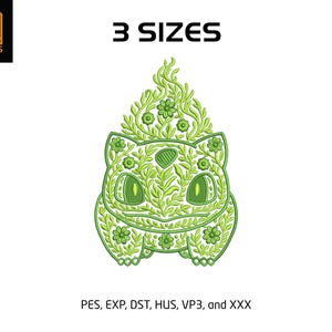 May include: A green embroidered design of a cartoon character with floral details. The image includes the text "3 SIZES" and the logo "YA DESIGNS". Below the character are the letters "PES, EXP, DST, HUS, VP3, and XXX".