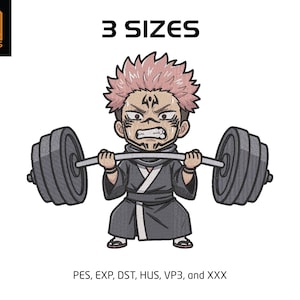 May include: An embroidered design of a cartoon character lifting a barbell. The character has pink spiky hair and a black outfit. The text "3 SIZES" is above the character. The logo "YA DESIGNS" is in the upper left corner. The design is on a white background.