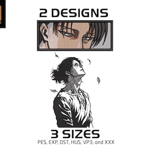 Può includere: Immagine con due disegni di personaggi in stile anime. Il design superiore mostra un primo piano degli occhi e dell'orecchio di un personaggio. Il design inferiore è un'illustrazione in bianco e nero di un personaggio che guarda in alto. È presente anche il testo "2 DESIGNS" e "3 SIZES".