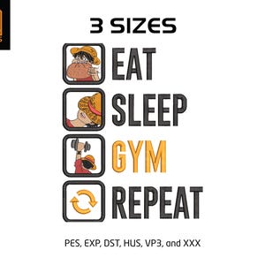 May include: White background with the text "3 SIZES" above the words "EAT SLEEP GYM REPEAT". Each word has a corresponding image of a cartoon character. The logo "YA DESIGNS" is in the upper left corner.