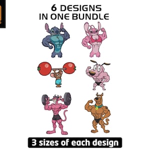 May include: A digital bundle featuring 6 designs of muscular cartoon characters including a blue alien, a pink alien, a mouse lifting red weights, a pink dog, a pink panther lifting a barbell, and a brown dog, with text 6 DESIGNS IN ONE BUNDLE.