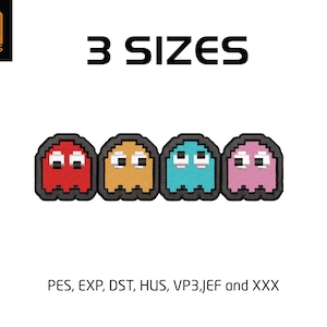 May include: A digital embroidery design featuring four pixelated ghost characters in red, yellow, cyan, and pink. The text 3 SIZES appears above the ghosts, and the text PES, EXP, DST, HUS, VP3, JEF and XXX is displayed at the bottom of the image.