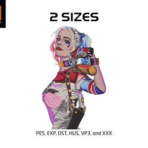 Puede incluir: Un diseño bordado que presenta una ilustración colorida de un personaje femenino con cabello azul y rosa, sosteniendo un bate de béisbol. El diseño incluye el texto "2 SIZES" y los tipos de archivo PES, EXP, DST, HUS, VP3 y XXX. El logotipo "YA DESIGNS" está en la esquina superior izquierda.