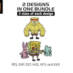 May include: A digital design bundle featuring two cartoon designs of a yellow character in different poses. The text reads "2 DESIGNS IN ONE BUNDLE" and "3 sizes of each design". The file formats are listed below the images.
