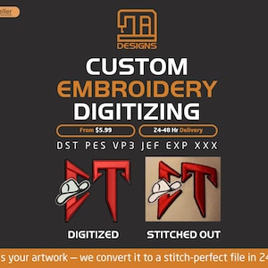 May include: Dark background with the text "CUSTOM EMBROIDERY DIGITIZING" and the logo "MA DESIGNS". The image shows examples of digitized and stitched-out embroidery designs. The text "Send us your artwork - we convert it to a stitch-perfect file in 24-48 hrs" is also present.