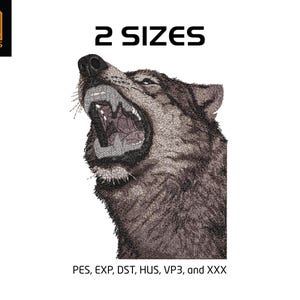 May include: An embroidered design of a wolf's head with its mouth open, showcasing sharp teeth. The design is in shades of grey and brown, with the text "2 SIZES" above the wolf. The logo "YA DESIGNS" is in the upper left corner.