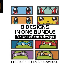 May include: A digital design bundle featuring eight different character eye designs, each available in three sizes. The designs include eyes from popular characters, with text that reads "8 Designs in One Bundle" and file type information.