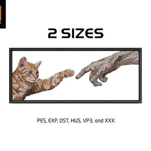 Op de afbeelding: Een geborduurd ontwerp met een kat die naar een hand reikt, een parodie op Michelangelo's 'De schepping van Adam'. De afbeelding is zwart omlijst, met de tekst '2 SIZES' erboven en bestandstype-afkortingen eronder.