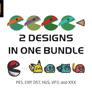 Könnte beinhalten: Ein Bild mit zwei Sätzen von Cartoon-Designs. Die obere Reihe zeigt vier grüne Pac-Man-ähnliche Figuren mit farbigen Stirnbändern und ein Stück Pizza. Die untere Reihe zeigt einen Pokeball, Pikachu, Schiggy, Bisasam und Glumanda. Text: "2 DESIGNS IN ONE BUNDLE."