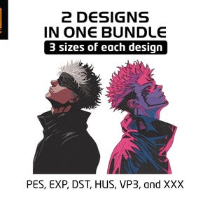 Puede incluir: Un paquete de diseños de bordado digital con dos personajes estilo anime. El personaje de la izquierda tiene cabello blanco y una venda negra, el de la derecha tiene cabello rosa y marcas faciales. Texto: 2 DESIGNS IN ONE BUNDLE, 3 sizes of each design, PES, EXP, DST, HUS, VP3, and XXX.