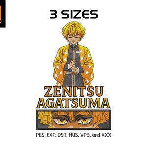 May include: A digital design featuring the character Zenitsu Agatsuma from the anime series. The character is depicted in a yellow and orange outfit, holding a sword. The text "ZENITSU AGATSUMA" is displayed below the character, with "3 SIZES" above. The design includes the logo "NA DESIGNS".