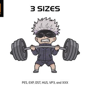 May include: An embroidered design featuring a cartoon character lifting a barbell. The character has white hair, a black blindfold, and is wearing a dark blue jacket and shorts. The text "3 SIZES" is above the character. The logo "YA DESIGNS" is in the upper left corner.