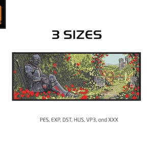 May include: An embroidery design featuring a knight in dark armor sitting in a garden with red roses, green foliage, and a stone castle in the distance. The text reads 3 SIZES and PES, EXP, DST, HUS, VP3, and XXX. The design is framed in a black border.