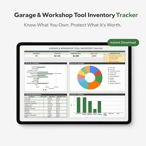 Può includere: Un tracker digitale dell'inventario degli strumenti visualizzato su un tablet. Lo schermo mostra visualizzazioni di dati, inclusi grafici a barre e un grafico a torta, con il testo "Garage & Workshop Tool Inventory Tracker" e "Instant Download".