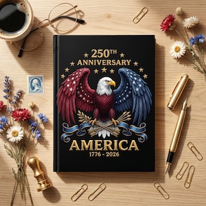 Puede incluir: Un diario negro con un dise&ntilde;o patri&oacute;tico que presenta un &aacute;guila con alas rojas, blancas y azules, el texto "250th Anniversary AMERICA 1776-2026" y detalles dorados. El diario est&aacute; rodeado por una taza de caf&eacute;, gafas, bol&iacute;grafos y flores.