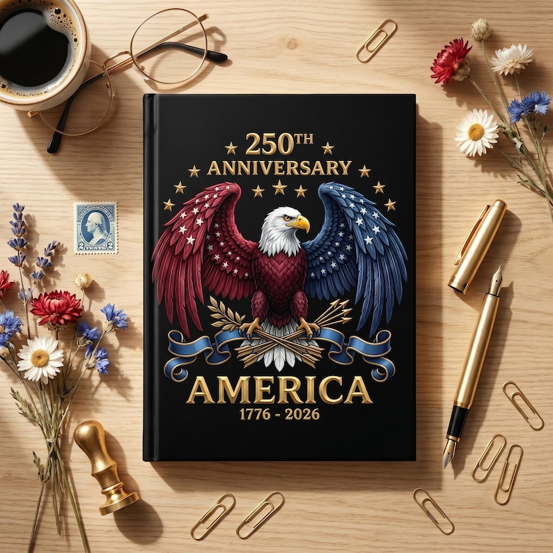 Puede incluir: Un diario negro con un dise&ntilde;o patri&oacute;tico que presenta un &aacute;guila con alas rojas, blancas y azules, el texto "250th Anniversary AMERICA 1776-2026" y detalles dorados. El diario est&aacute; rodeado por una taza de caf&eacute;, gafas, bol&iacute;grafos y flores.