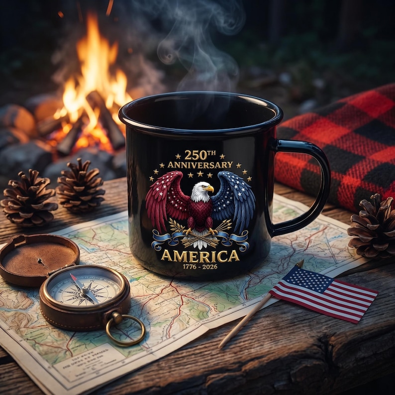 Puede incluir: Una taza de esmalte negro con un dise&ntilde;o patri&oacute;tico que presenta un &aacute;guila calva, el texto "250th Anniversary AMERICA 1776-2026" y la bandera estadounidense. La taza est&aacute; sobre un mapa con una br&uacute;jula, pi&ntilde;as y una fogata en el fondo.