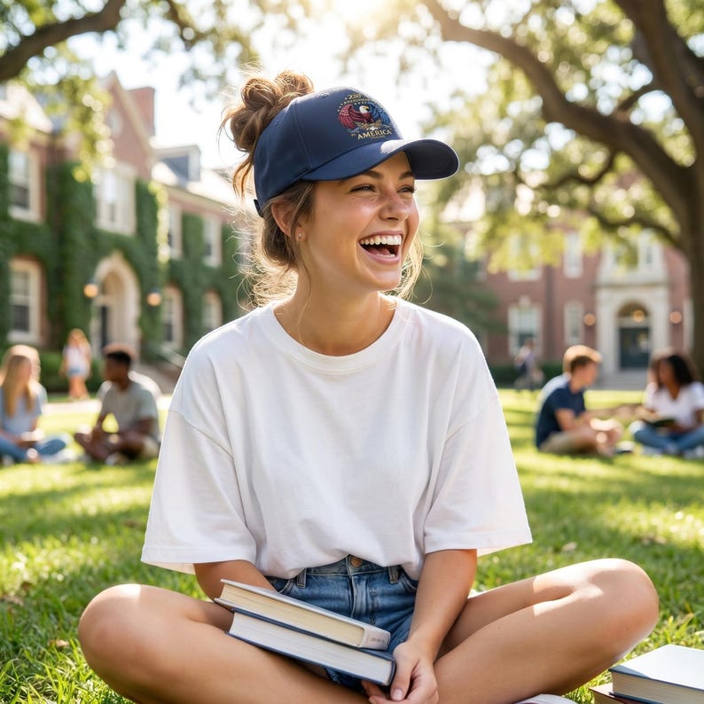 Puede incluir: Gorra de b&eacute;isbol azul marino con un dise&ntilde;o patri&oacute;tico de &aacute;guila y la palabra "AMERICA". La gorra la lleva una persona sentada en la hierba, sosteniendo libros, con un edificio universitario al fondo.