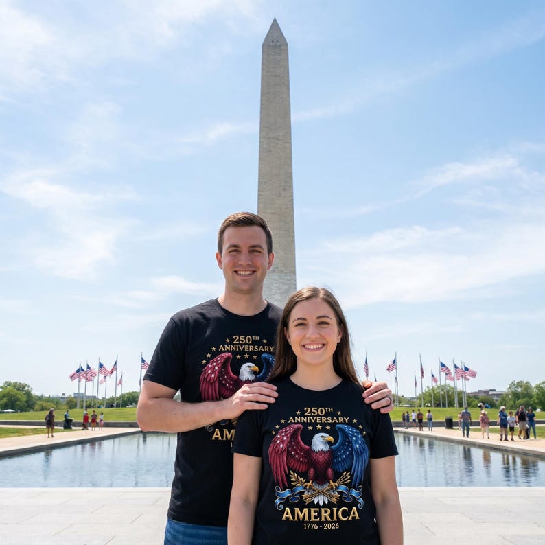 Puede incluir: Una pareja posa frente al Monumento a Washington, ambos con camisetas negras. Las camisetas presentan un dise&ntilde;o patri&oacute;tico de &aacute;guila con el texto "250th Anniversary AMERICA 1776-2026". El cielo es azul con nubes.